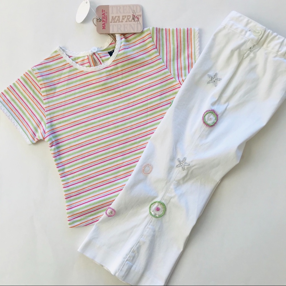 European 2pc Set Girls  18 Months Beaded Pants T-shirt Top White Multicolor New